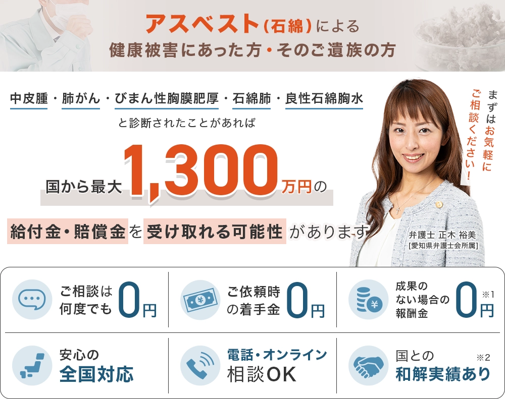 アスベスト（石綿）による健康被害にあった方、そのご遺族の方 中皮腫・肺がん・びまん性胸膜肥厚・石綿肺・良性石綿胸水と診断されたことがあれば 国から最大1,300万円の給付金・賠償金を受け取れる可能性があります ご相談は何度でも0円 ご依頼時の着手金0円 成果のない場合の報酬金0円※1 安心の全国対応 電話・オンライン相談OK 国との和解実績あり※2 まずはお気軽にご相談ください！